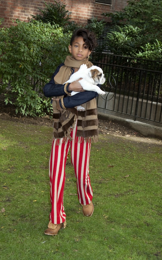 Willow Smith, red and white striped pants, scarf, brown scarf, blue jacket, dog